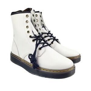 Dr. Martens White Leather Lace-Up Combat Boots with Black Soles